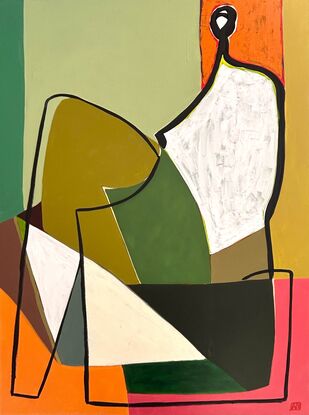 abstract of female form white torso, olive green and dark green body, white triangles orange and pink foreground, pale green background, black highlights