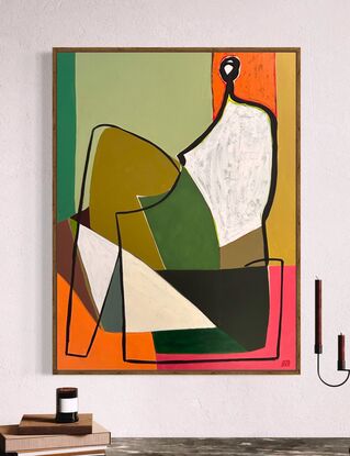 abstract of female form white torso, olive green and dark green body, white triangles orange and pink foreground, pale green background, black highlights