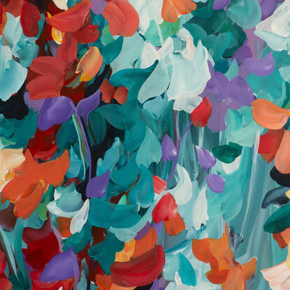 colourful abstract of flower petals and leaves falling and floating