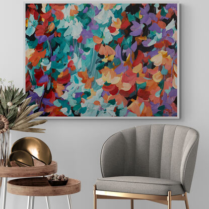 colourful abstract of flower petals and leaves falling and floating