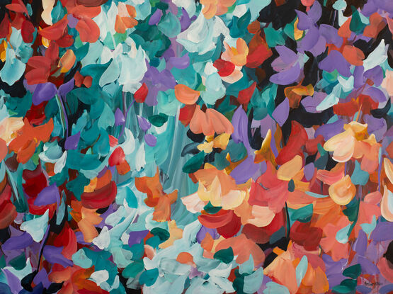 colourful abstract of flower petals and leaves falling and floating