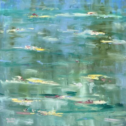 Abstract oil painting of lily pond with greens, blues, pink and yellow. Inspired by Monet.