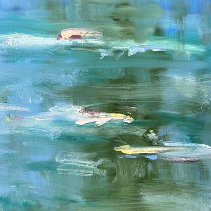 Abstract oil painting of lily pond with greens, blues, pink and yellow. Inspired by Monet.