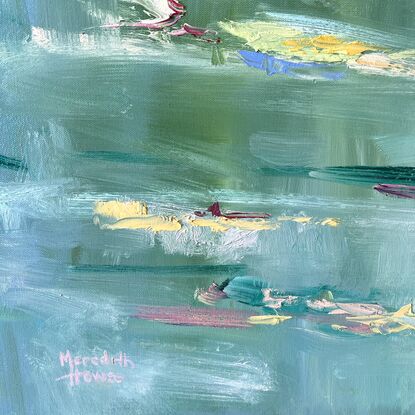 Abstract oil painting of lily pond with greens, blues, pink and yellow. Inspired by Monet.