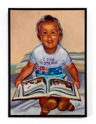 
This artwork by Tom Gibbs features a young child seated with an open book on their lap. The child, with a warm and curious expression, is dressed in a white T-shirt with the words "I Love Australia" and a graphic of the Australian flag. The background is softly rendered with muted tones of beige and green, creating a serene and focused setting that highlights the child's engagement with the book. The vibrant colors and expressive brushstrokes capture the innocence and joy of childhood, evoking a sense of curiosity and learning. This painting celebrates the simple yet profound moments of discovery and the love for one's country.