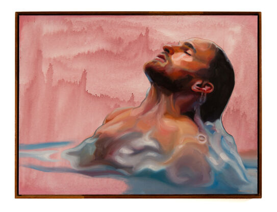 
This artwork by Tom Gibbs portrays a man immersed in water, with his head tilted back and eyes closed in a moment of serene introspection. The background is a soft, warm pink with subtle variations, enhancing the sense of tranquility and contrast with the cooler tones of the water. The man's skin is illuminated with warm and cool highlights, capturing the play of light on his wet skin. The water around him swirls gently, creating a dynamic interaction between the figure and his surroundings. The painting evokes themes of peace, relaxation, and the soothing embrace of water, beautifully blending elements of warmth and coolness.