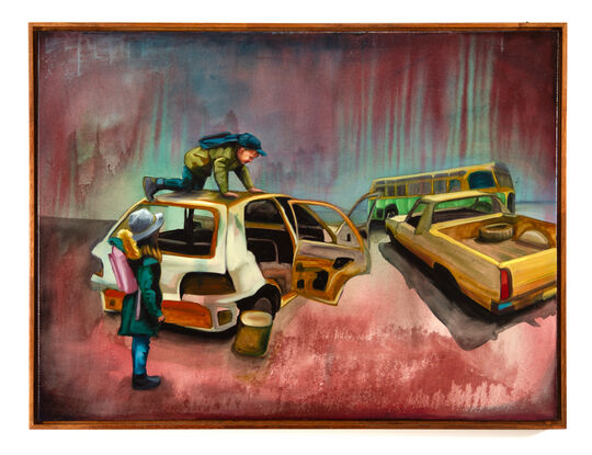 
This artwork by Tom Gibbs depicts a scene of two children interacting with an abandoned, rusted car in a desolate, surreal landscape. One child, dressed in green and blue with a cap, is climbing on top of the car, peering down into its open interior. The other child, wearing a green coat with a fur-lined hood, blue jeans, and a pink backpack, stands nearby, observing the car with curiosity. The background features additional vehicles, including a yellow pickup truck and a green bus, all set against a gradient backdrop of deep reds, purples, and blues that create a mysterious, almost apocalyptic atmosphere. The painting captures a sense of adventure and exploration, juxtaposed with the decay and abandonment of the surroundings, evoking themes of resilience and the enduring spirit of childhood amidst desolation.