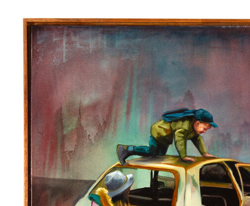 
This artwork by Tom Gibbs depicts a scene of two children interacting with an abandoned, rusted car in a desolate, surreal landscape. One child, dressed in green and blue with a cap, is climbing on top of the car, peering down into its open interior. The other child, wearing a green coat with a fur-lined hood, blue jeans, and a pink backpack, stands nearby, observing the car with curiosity. The background features additional vehicles, including a yellow pickup truck and a green bus, all set against a gradient backdrop of deep reds, purples, and blues that create a mysterious, almost apocalyptic atmosphere. The painting captures a sense of adventure and exploration, juxtaposed with the decay and abandonment of the surroundings, evoking themes of resilience and the enduring spirit of childhood amidst desolation.