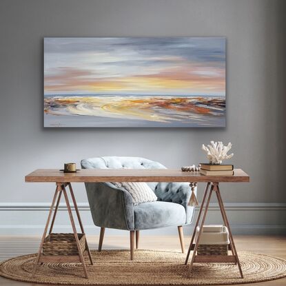 Seascape painting with orange and grey colours.