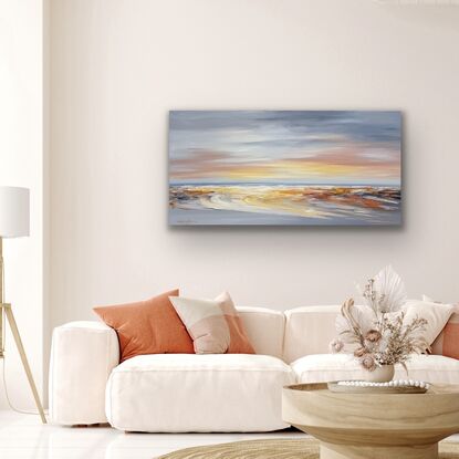 Seascape painting with orange and grey colours.