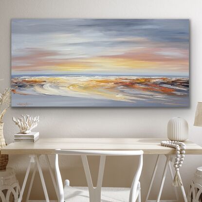 Seascape painting with orange and grey colours.