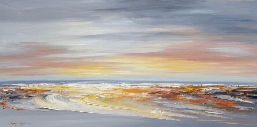 Seascape painting with orange and grey colours.