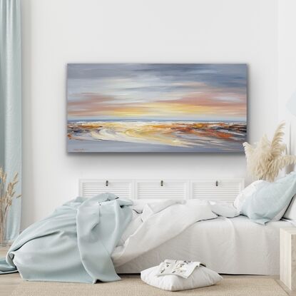 Seascape painting with orange and grey colours.