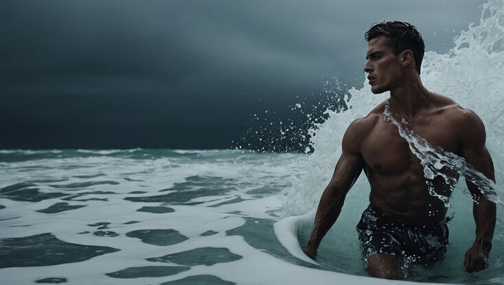 Muscled man walks through the waves as the white wash crashes around him