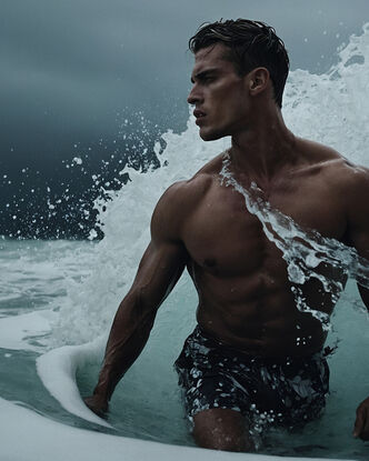 Muscled man walks through the waves as the white wash crashes around him