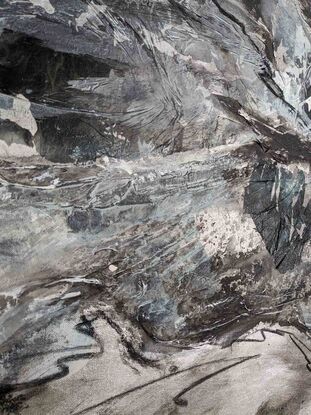 A large black, grey and silver abstract landscape with silver leaf