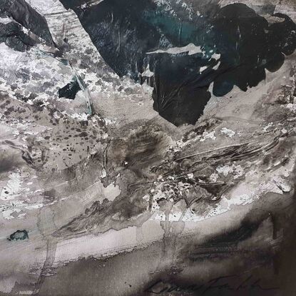 A large black, grey and silver abstract landscape with silver leaf