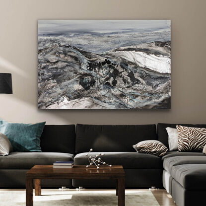 A large black, grey and silver abstract landscape with silver leaf