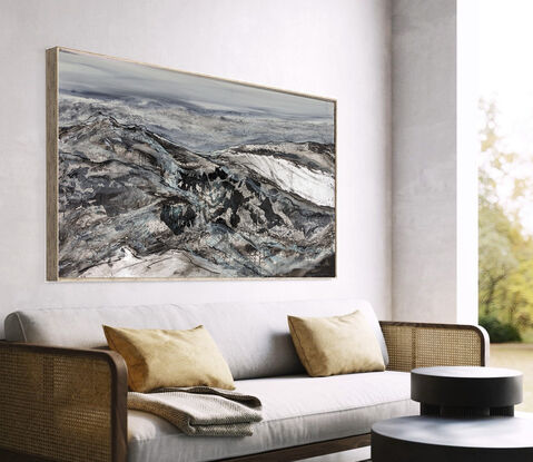 A large black, grey and silver abstract landscape with silver leaf