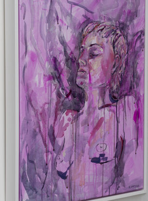 This is a nude painting from life.  Capturing a relaxed reclined pose.  Stylised in magenta and purple.