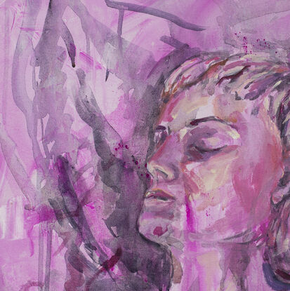 This is a nude painting from life.  Capturing a relaxed reclined pose.  Stylised in magenta and purple.