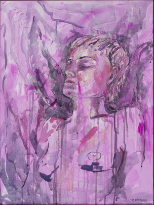 This is a nude painting from life.  Capturing a relaxed reclined pose.  Stylised in magenta and purple.