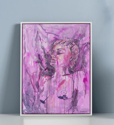 This is a nude painting from life.  Capturing a relaxed reclined pose.  Stylised in magenta and purple.