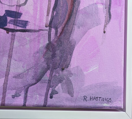 This is a nude painting from life.  Capturing a relaxed reclined pose.  Stylised in magenta and purple.