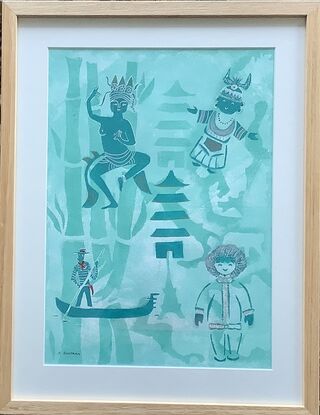 Layers of stencilled images have been printed in various intensities of teal green. From a pale base layer images of various countries, stylised bamboo and a temple are printed in a mid tone. In a darker teal images of a Cambodian temple dancer, a Chinese minority in traditional dress, an Inuit a gondolier and a Chinese temple form the top layer