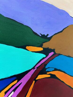 An abstract landscape scene of rural mid western Australia using intense colours and strong shapes.  