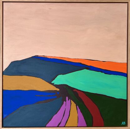 An abstract landscape painting of a rural mid western Australian scene using strong shapes and intense colour.