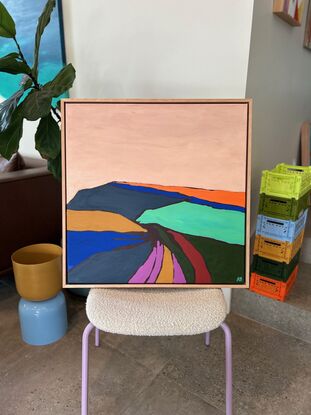 An abstract landscape painting of a rural mid western Australian scene using strong shapes and intense colour.