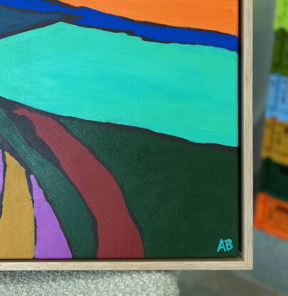 An abstract landscape painting of a rural mid western Australian scene using strong shapes and intense colour.