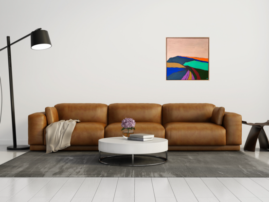 An abstract landscape painting of a rural mid western Australian scene using strong shapes and intense colour.