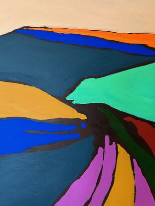 An abstract landscape painting of a rural mid western Australian scene using strong shapes and intense colour.