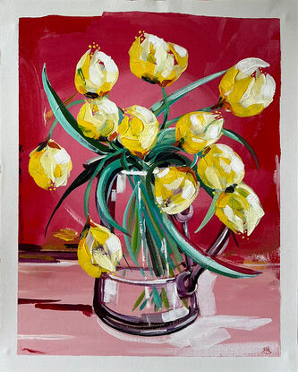 Yellow Tulips in Jug Painted in Acrylic on Cotton Canvas