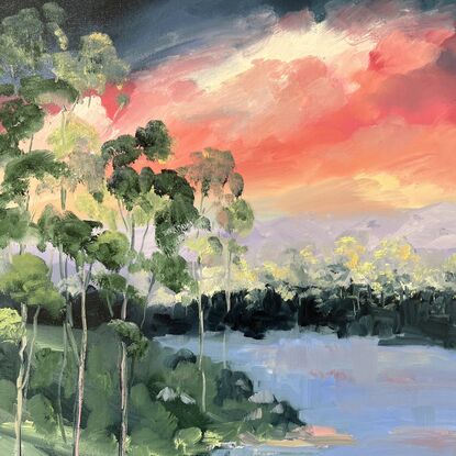 Abstract landscape of a river tributary with sunset and trees.