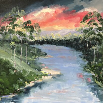 Abstract landscape of a river tributary with sunset and trees.