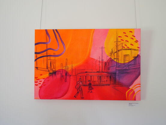 Pink, purple, orange and yellow background with shapes overlay. Purple drawing of a streetscape