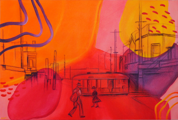 Pink, purple, orange and yellow background with shapes overlay. Purple drawing of a streetscape