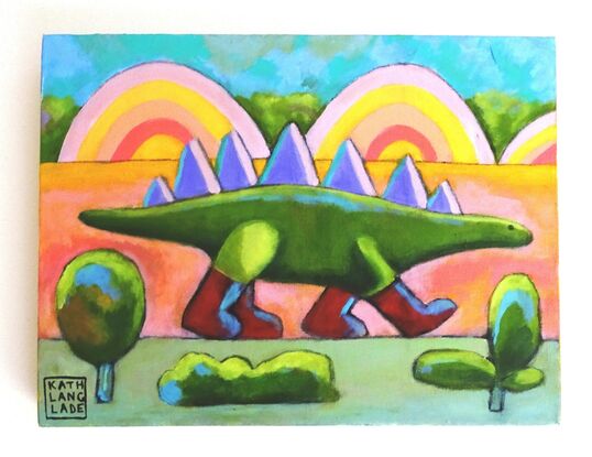 A green stegosaurus  with purple spines walks through a landscape wearing red boots. The foreground is pale green with green trees and shrubs in abstract form.  The mid ground is a mix of apricots and pinks. The background contains arched rainbow shapes with pinks and yellows, in front of green vegetation and a blue, cloudy sky.  There are blue highlights on the trees, red boots and dinosaur. 