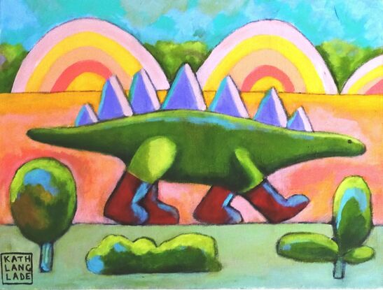 A green stegosaurus  with purple spines walks through a landscape wearing red boots. The foreground is pale green with green trees and shrubs in abstract form.  The mid ground is a mix of apricots and pinks. The background contains arched rainbow shapes with pinks and yellows, in front of green vegetation and a blue, cloudy sky.  There are blue highlights on the trees, red boots and dinosaur. 