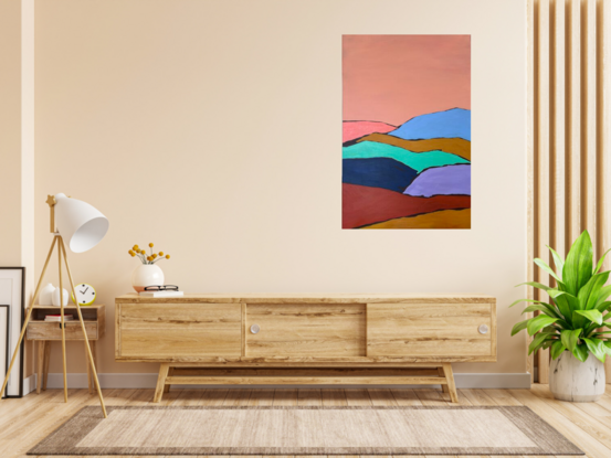 A large abstract landscape painting of a rural farm scene with a peach coloured sky, earthy tones and bright pops of strong colour.  