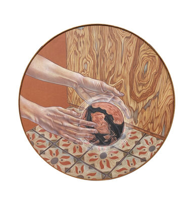 two hands reaching for a ball of substance, on a background of wood and ceramic patterned tiles