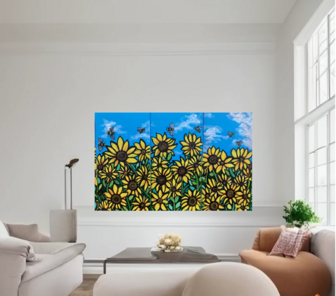 Immerse yourself in the radiant beauty of a vast sunflower field under a serene blue sky, dotted with scattered clouds and buzzing bees. This vibrant triptych, spanning three panels, captures the essence of a sunny day in nature, bringing warmth and joy into any space. The golden hues of the sunflowers contrast beautifully with the azure sky, while the playful bees add a touch of liveliness to the scene. Painted in rich acrylics, each 40cm x 80cm panel showcases meticulous attention to detail and a love for the natural world. "Fields of Bliss" is not just a painting; it's an invitation to bask in the tranquility and splendour of nature every day.