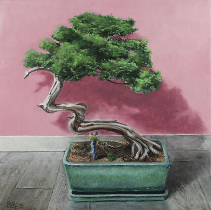 Still life painting of bonsai tree, with a small man in the pot raking up the leaves