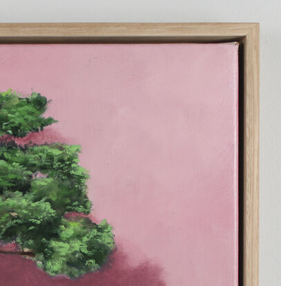 Still life painting of bonsai tree, with a small man in the pot raking up the leaves