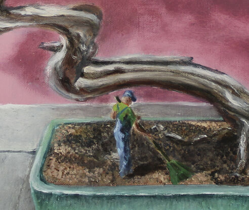 Still life painting of bonsai tree, with a small man in the pot raking up the leaves