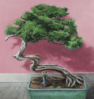 Still life painting of bonsai tree, with a small man in the pot raking up the leaves