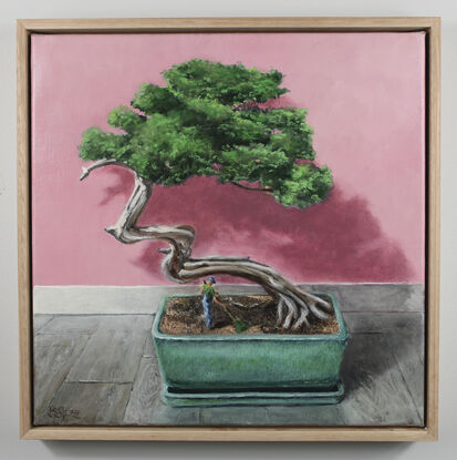 Still life painting of bonsai tree, with a small man in the pot raking up the leaves